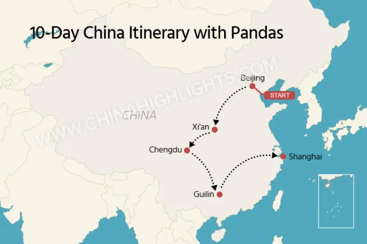 Map of a 10-day China itinerary with pandas
