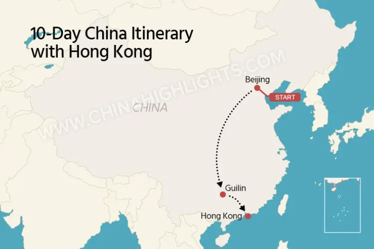 Map of a 10-day China itinerary with Hong Kong
