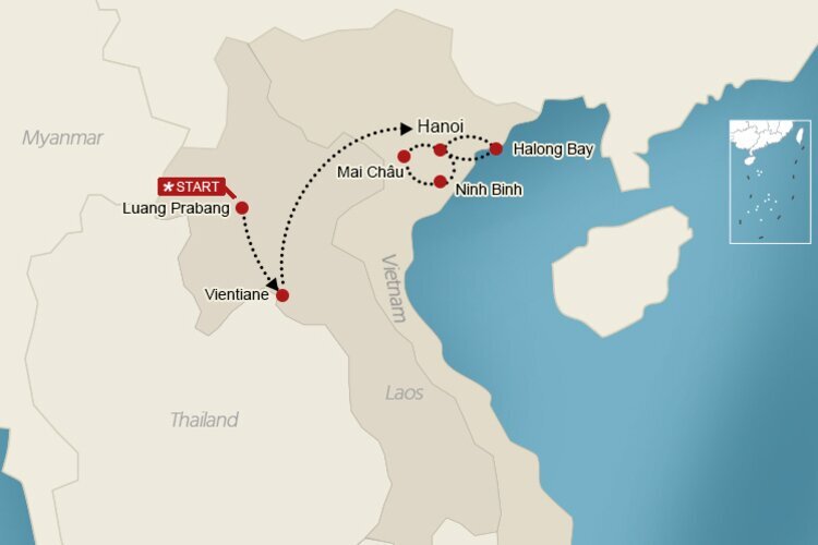 Laos Vietnam  Reiseroute 2 Wochen Landkarte